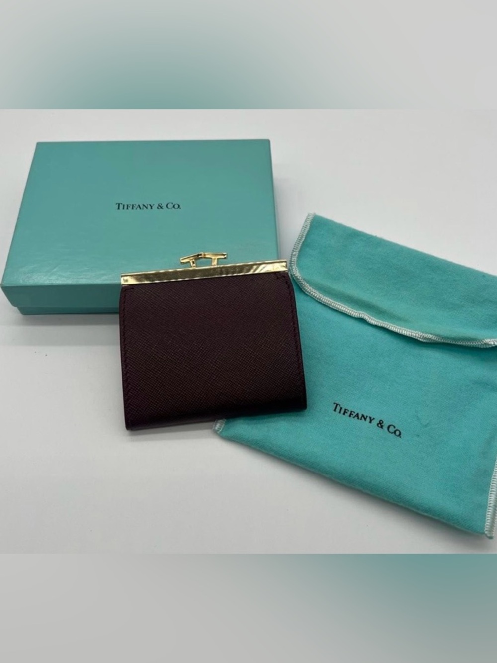 TIFFANY & CO. Wine Red Leather Vintage Coin Purse w/Box & Dusty